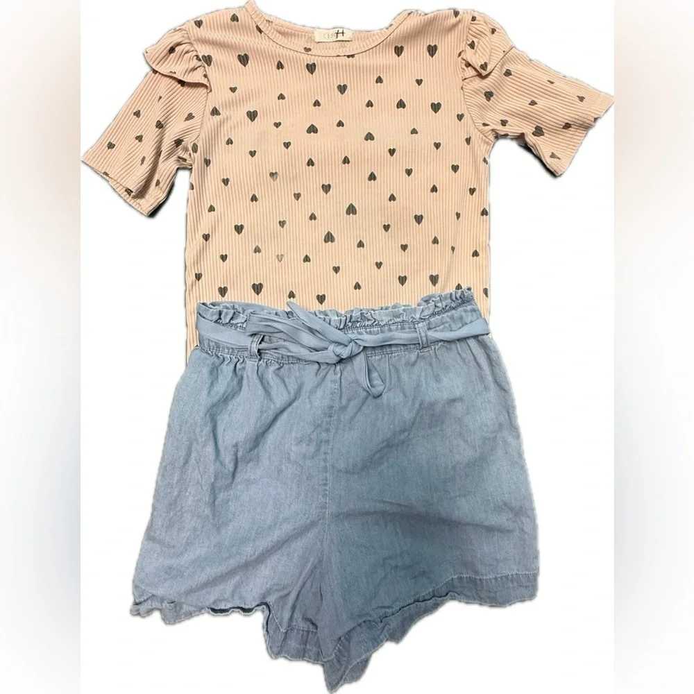 Girls Heart Print Ruffle Pink Tee & Belted Shorts